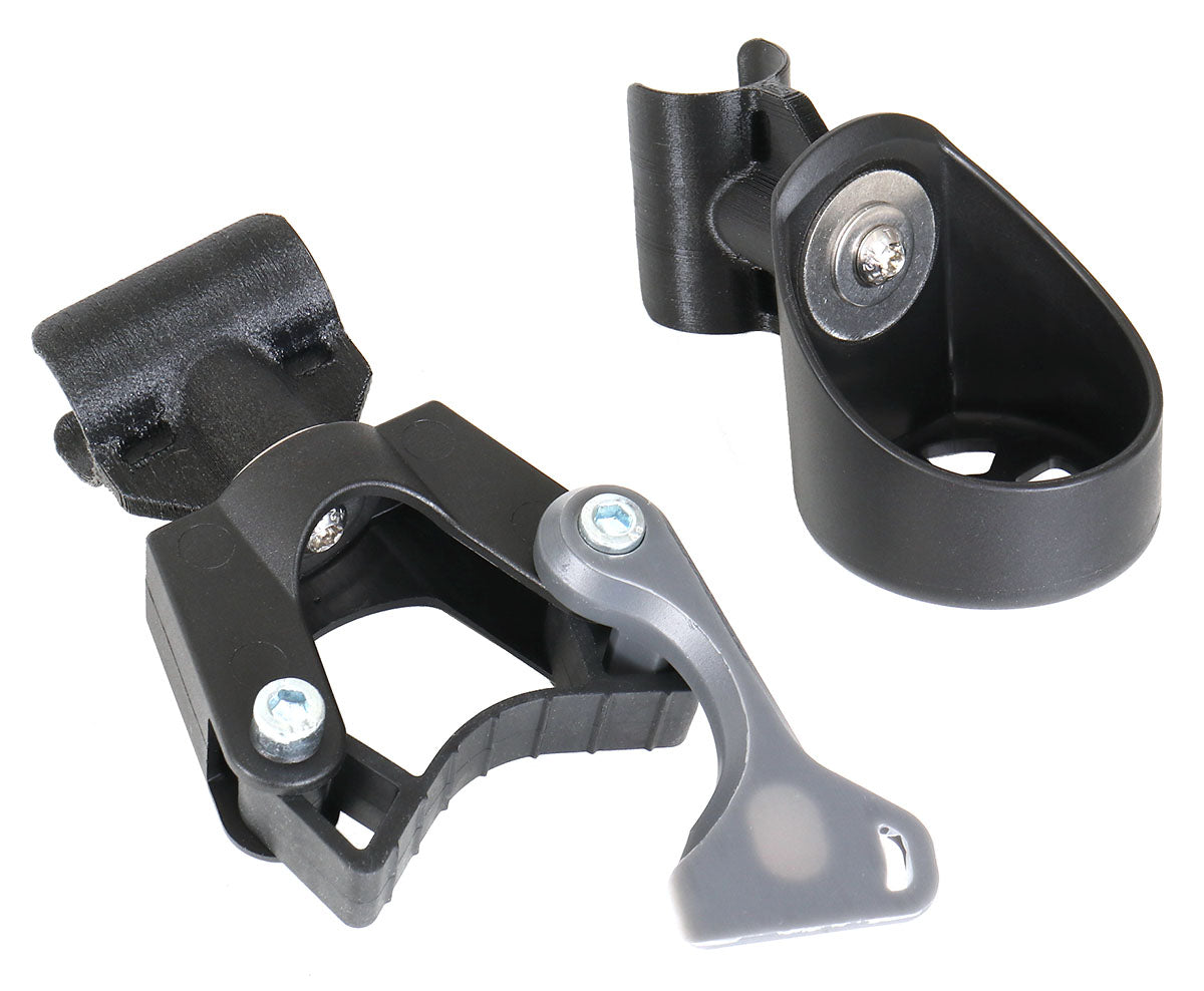 The Hase Walking Stick Mount comes in two parts, with a base for holding a cane and a clamp to secure it.