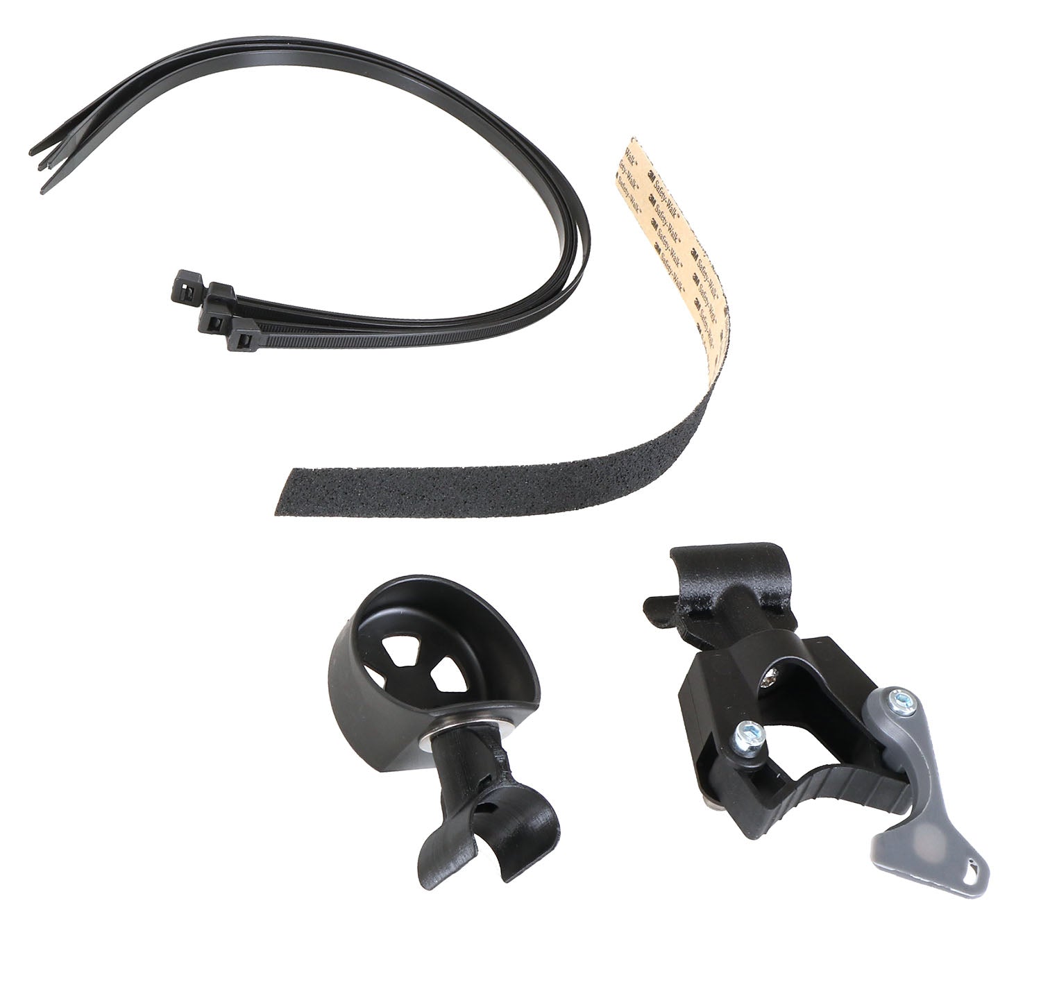 An image of the upper and lower pieces of a Hase Walking Stick Mount, including zip ties and protective tape for tubing.