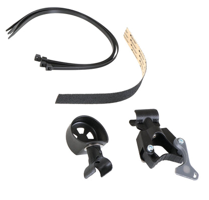 An image of the upper and lower pieces of a Hase Walking Stick Mount, including zip ties and protective tape for tubing.