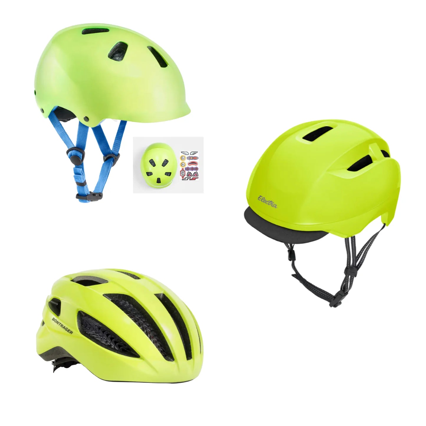 Three hi-vis helmets, one with a sticker pack, against a white background.