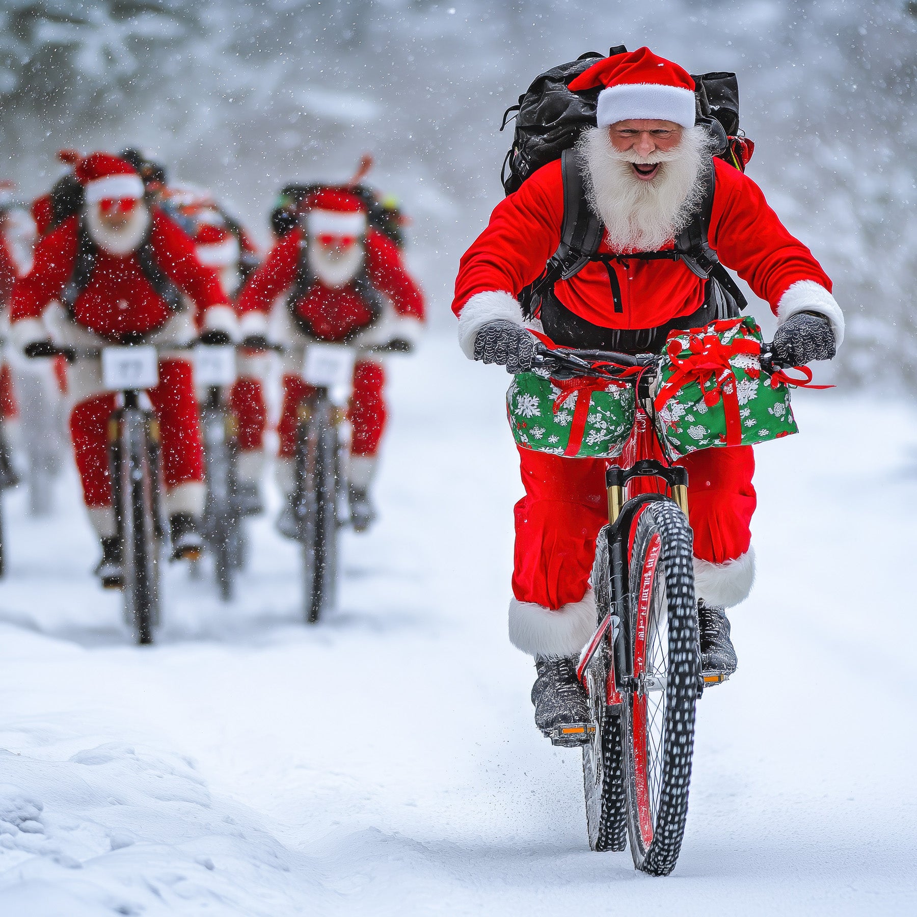 A group of Santa's ride through a snowy landscape on mountain bikes.
