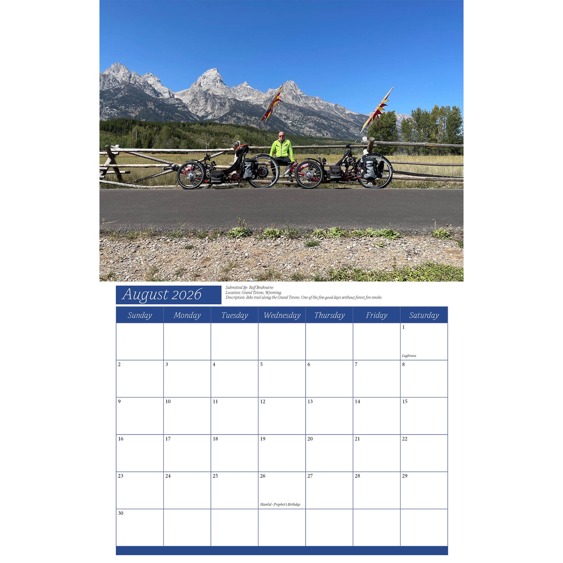 Calendar page for August 2026 with a scenic photo of people on recumbent trikes and mountains.