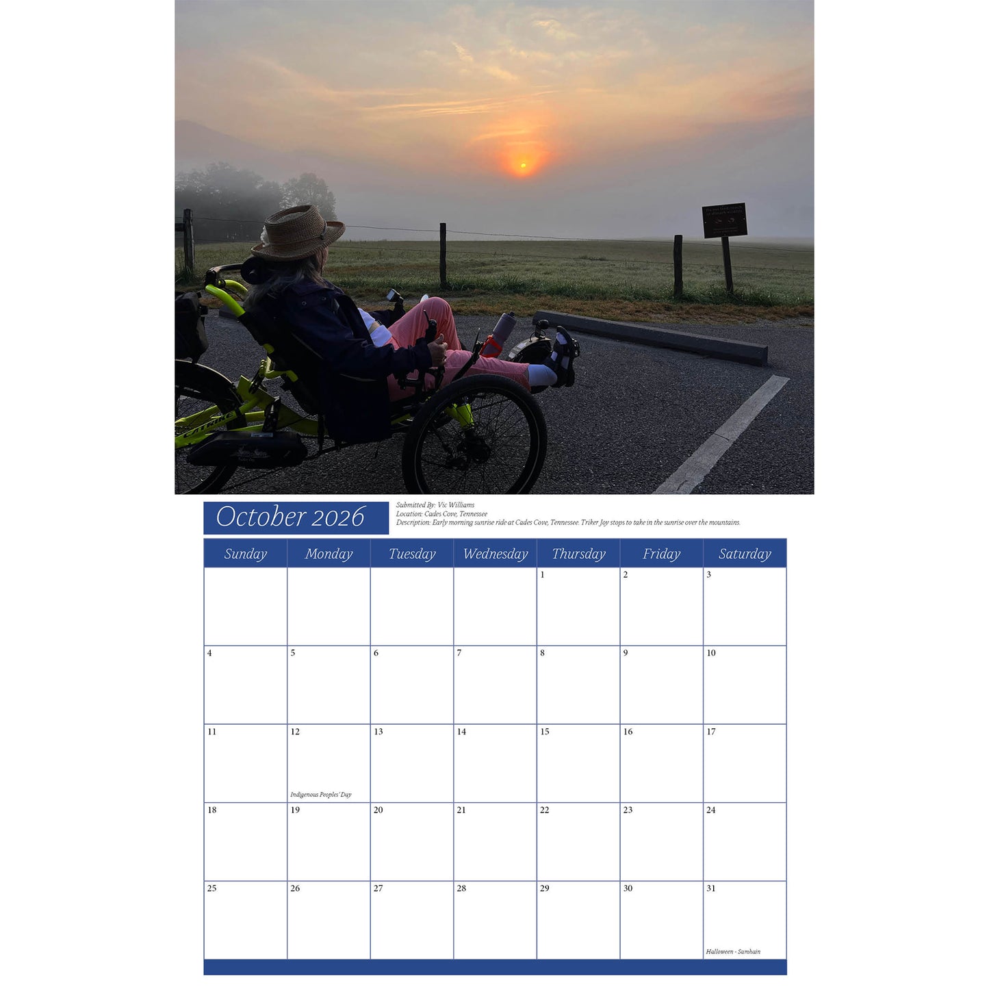 Calendar page for October 2026 with a photo of a person on a recumbent trike watching a sunset.