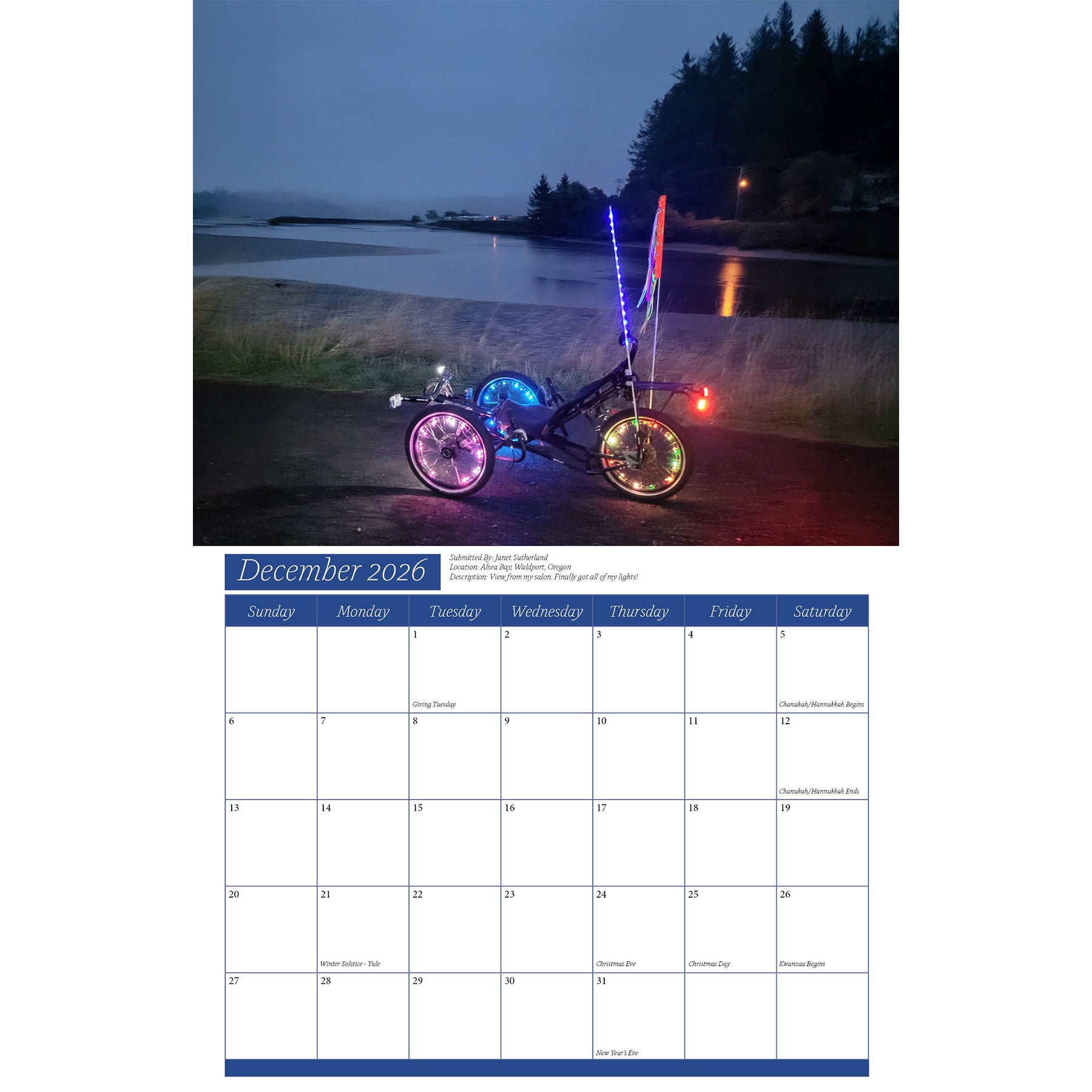 Calendar page for December 2026 with a recumbent trike with colorful lights next to a lake at night.