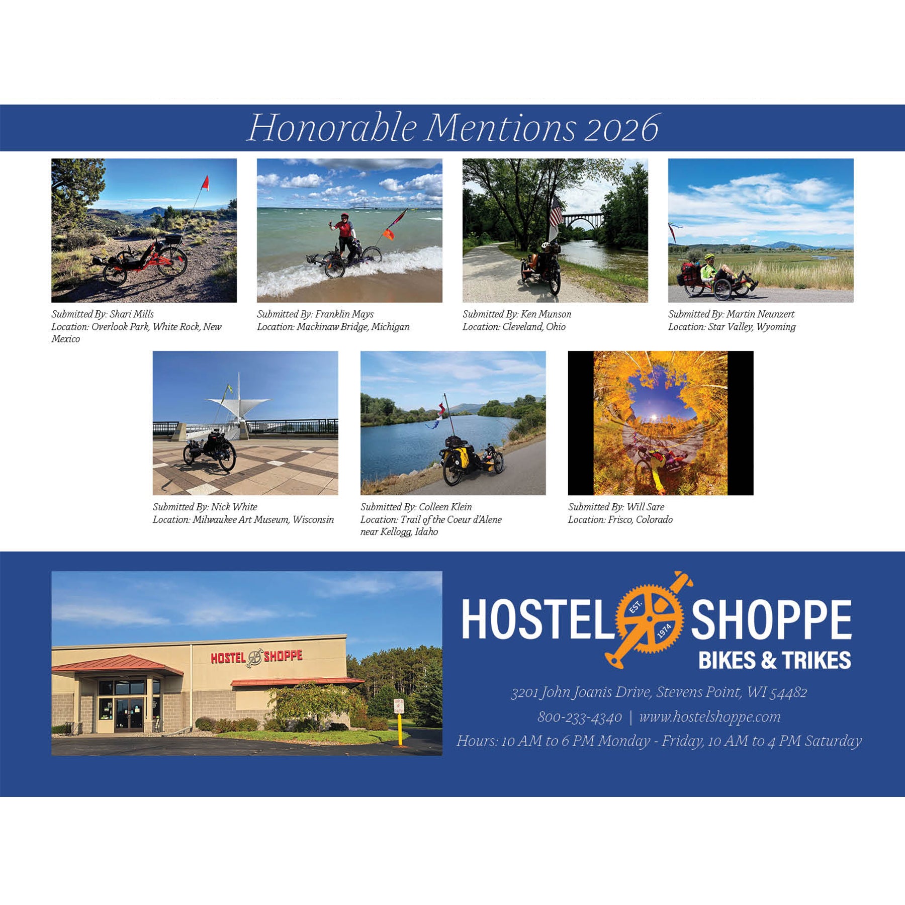 Back page of the Hostel Shoppe 2026 Recumbent Calendar with images of trikes and the store.