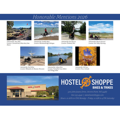 Back page of the Hostel Shoppe 2026 Recumbent Calendar with images of trikes and the store.