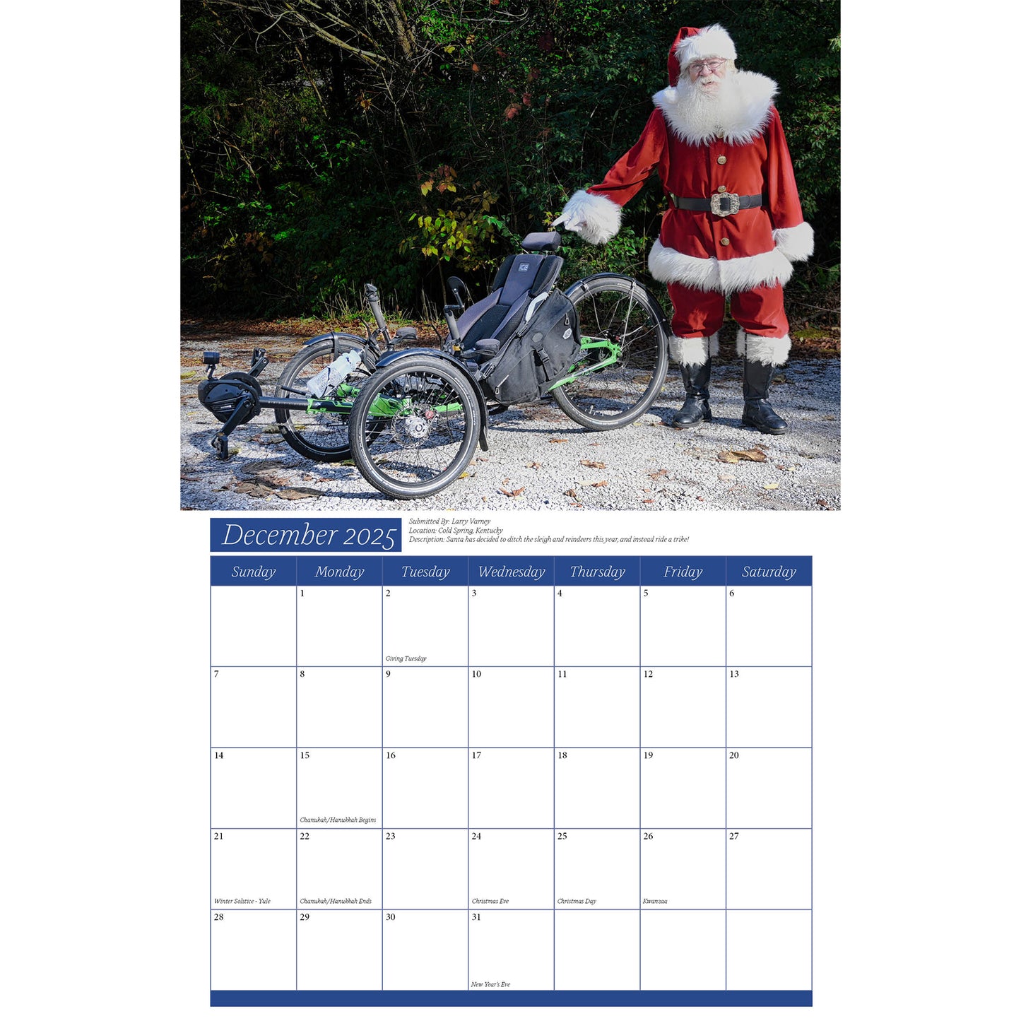 Calendar page for December 2025 with a man in a Santa Claus costume standing next to a recumbent trike.