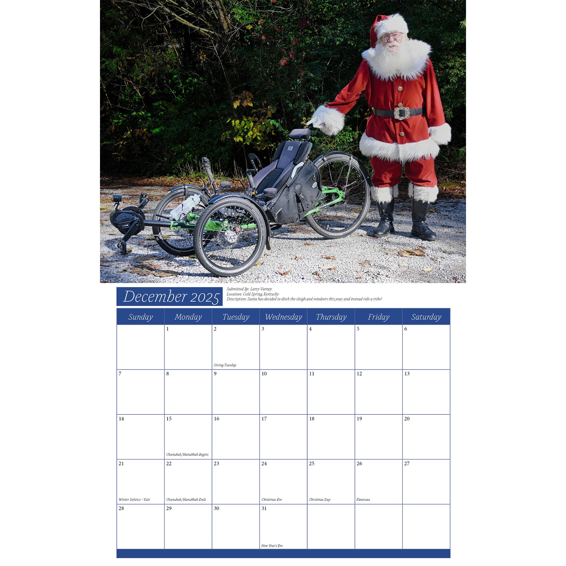 Calendar page for December 2025 with a man in a Santa Claus costume standing next to a recumbent trike.