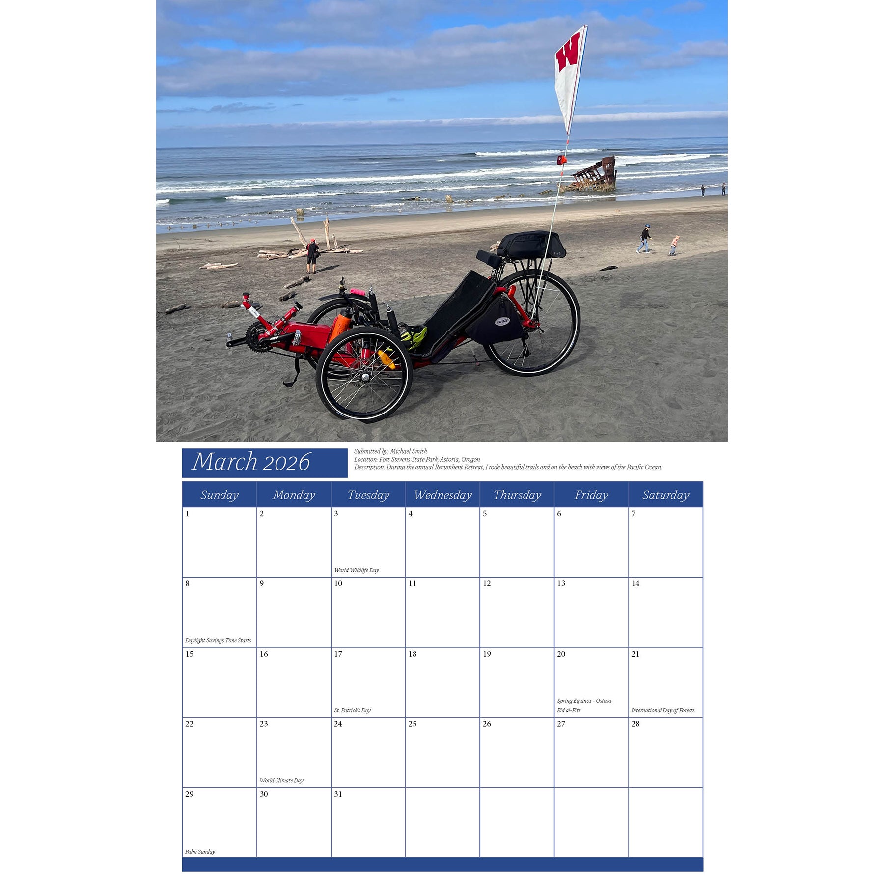 Calendar page for March 2026 with a beach scene and a recumbent trike.