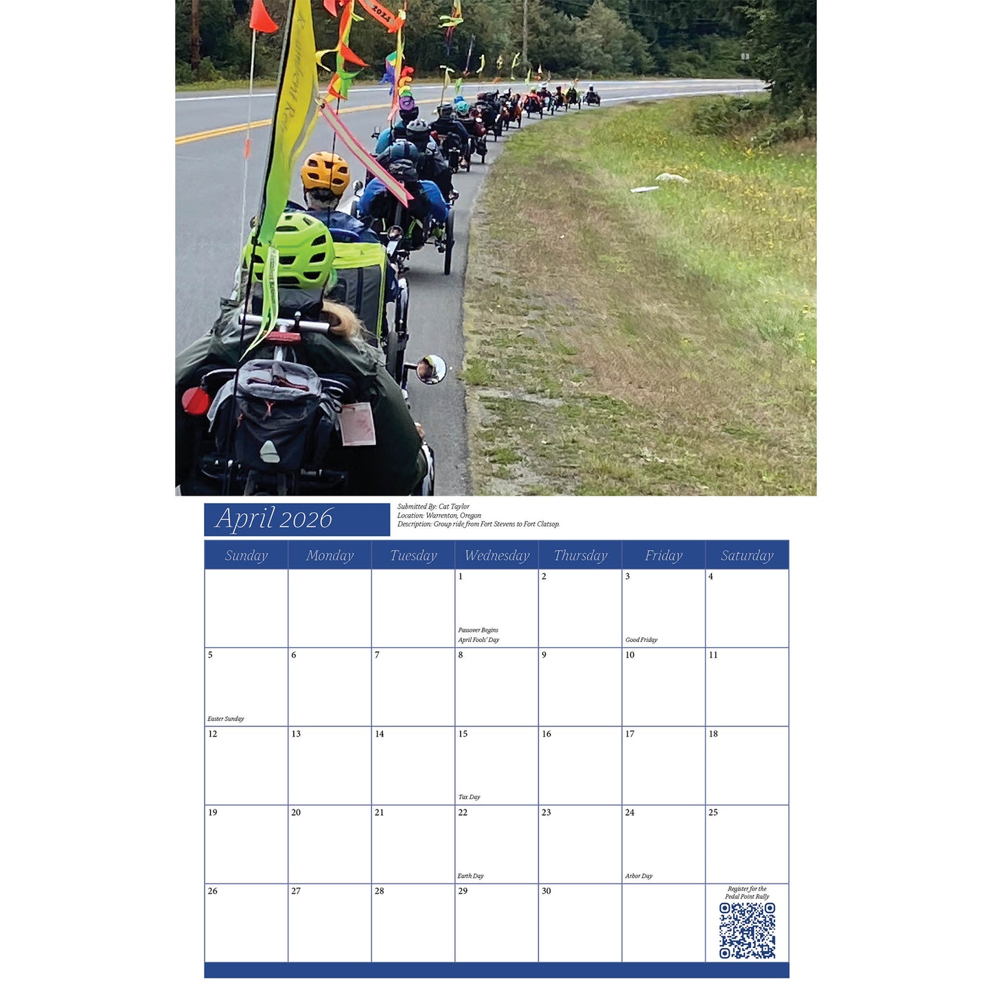 Calendar page for April 2026 showing a recumbent trike event with riders on a road.
