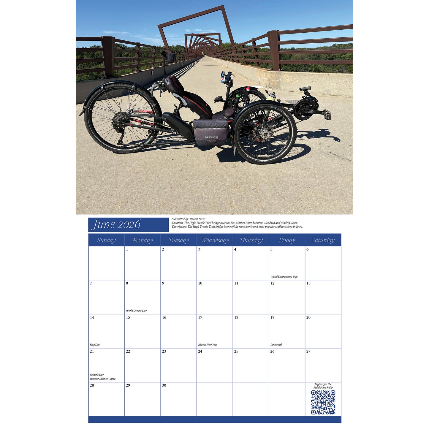 Calendar page for June 2026 with a recumbent trike on a path.
