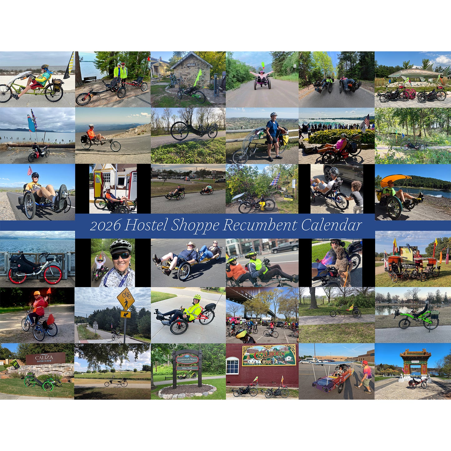 Collage of images featuring people with recumbent bikes and trikes in various settings, with text indicating it's a 2026 Hostel Shoppe Recumbent Calendar.