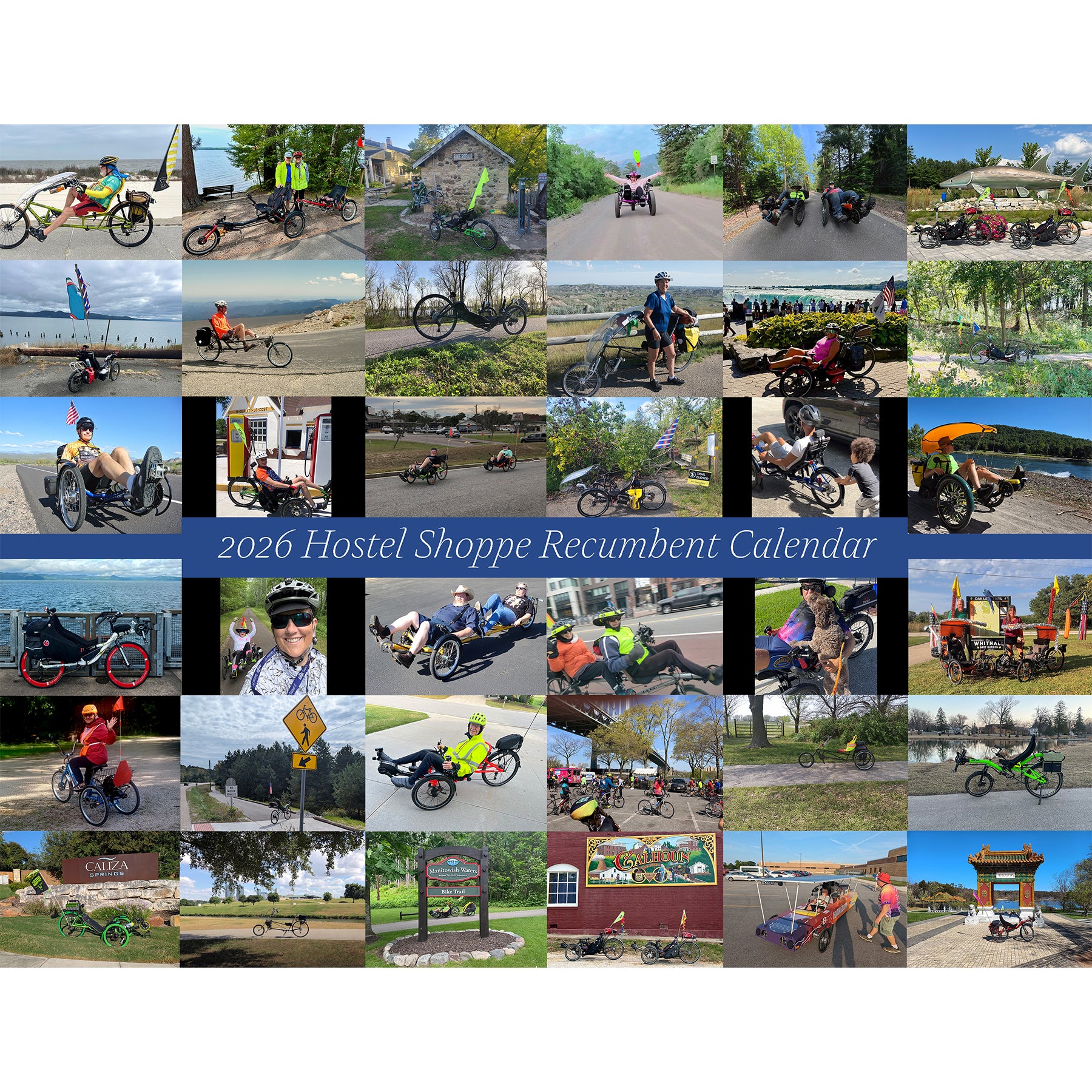 Collage of images featuring people with recumbent bikes and trikes in various settings, with text indicating it's a 2026 Hostel Shoppe Recumbent Calendar.