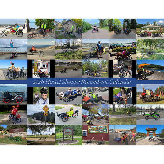 Collage of images featuring people with recumbent bikes and trikes in various settings, with text indicating it's a 2026 Hostel Shoppe Recumbent Calendar.