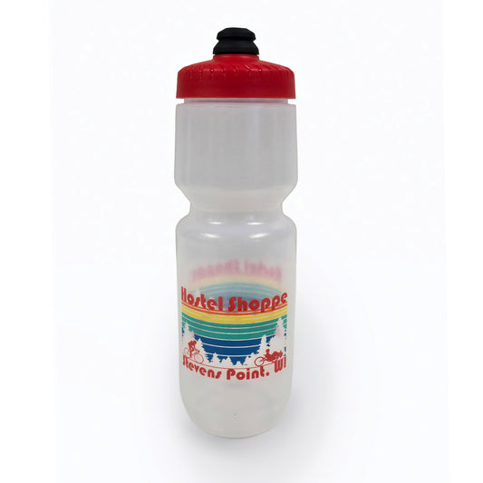 Clear Hostel Shoppe custom water bottle with red cap and colorful design against a white background.