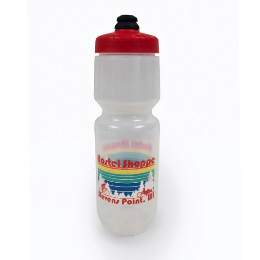 Clear Hostel Shoppe custom water bottle with red cap and colorful design against a white background.