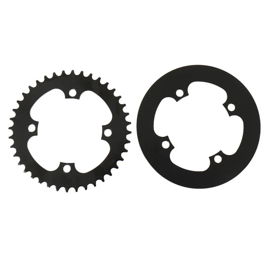 Side profile view of the Hostel Shoppe Take Off 40t 104mm BCD 4 Hole Chainring with Bashguard in black against a white background.