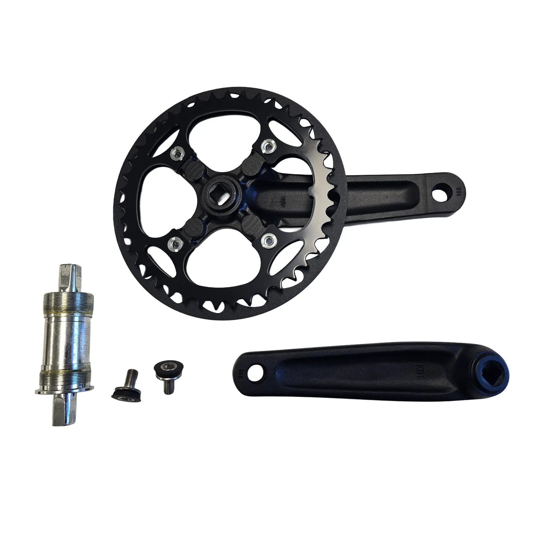 Inside view of the Hostel Shoppe Take Off 42t 104mm BCD Crankset with 165mm Crankarms and Bottom Bracket against a white background.