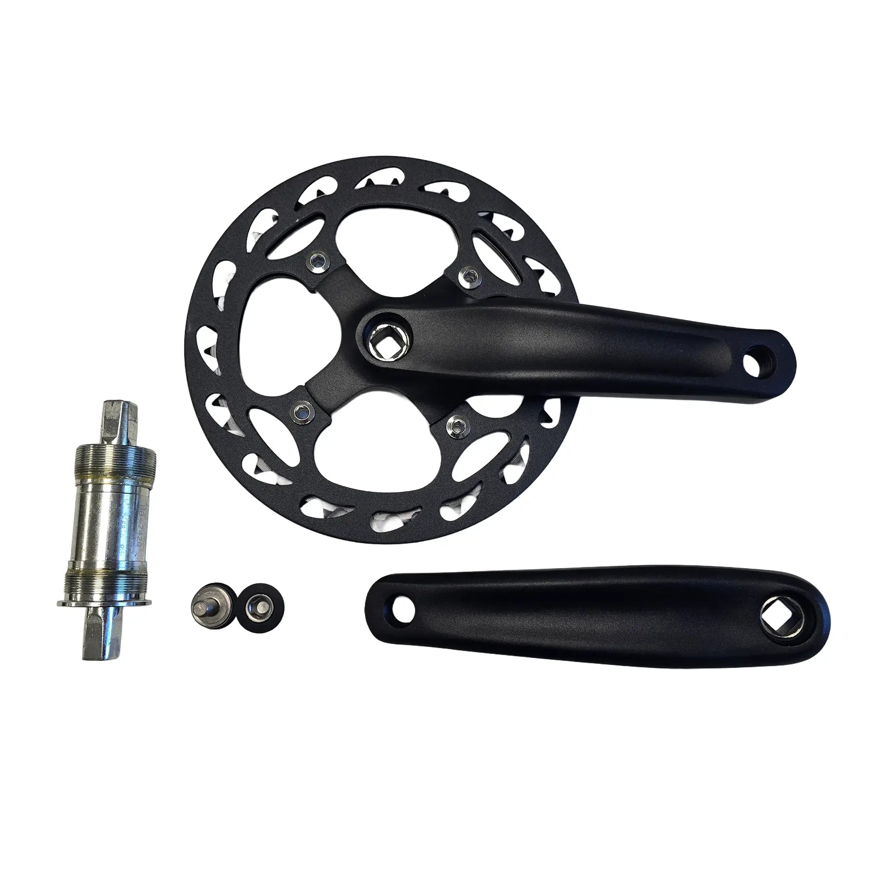 Top view of the Hostel Shoppe Take Off 42t 104mm BCD Crankset with 165mm Crankarms and Bottom Bracket against a white background.