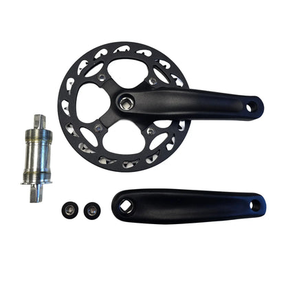 Top view of the Hostel Shoppe Take Off 42t 104mm BCD Crankset with 165mm Crankarms and Bottom Bracket against a white background.