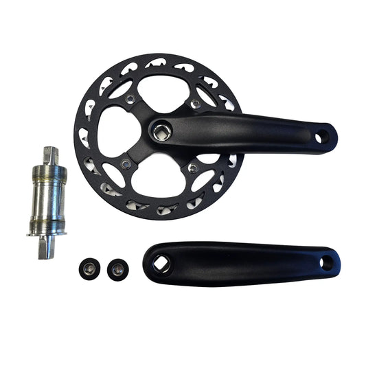 Top view of the Hostel Shoppe Take Off 42t 104mm BCD Crankset with 165mm Crankarms and Bottom Bracket against a white background.