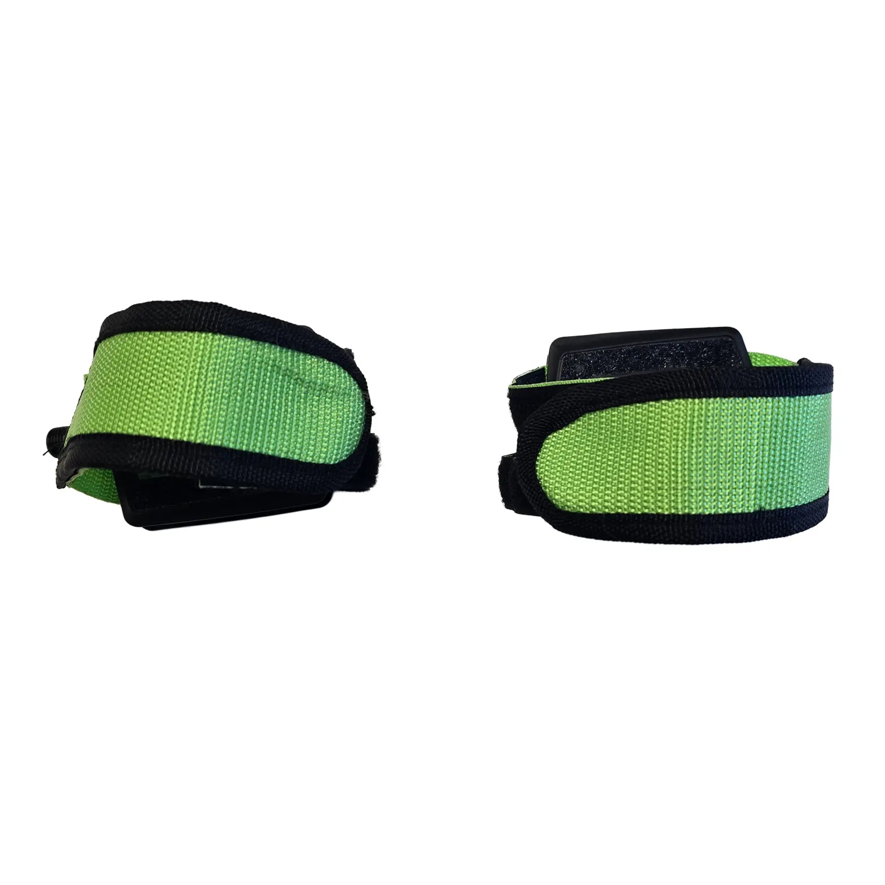 Top view of the Hostel Shoppe Take Off Platform Pedals with Green Velcro Straps against a white background.