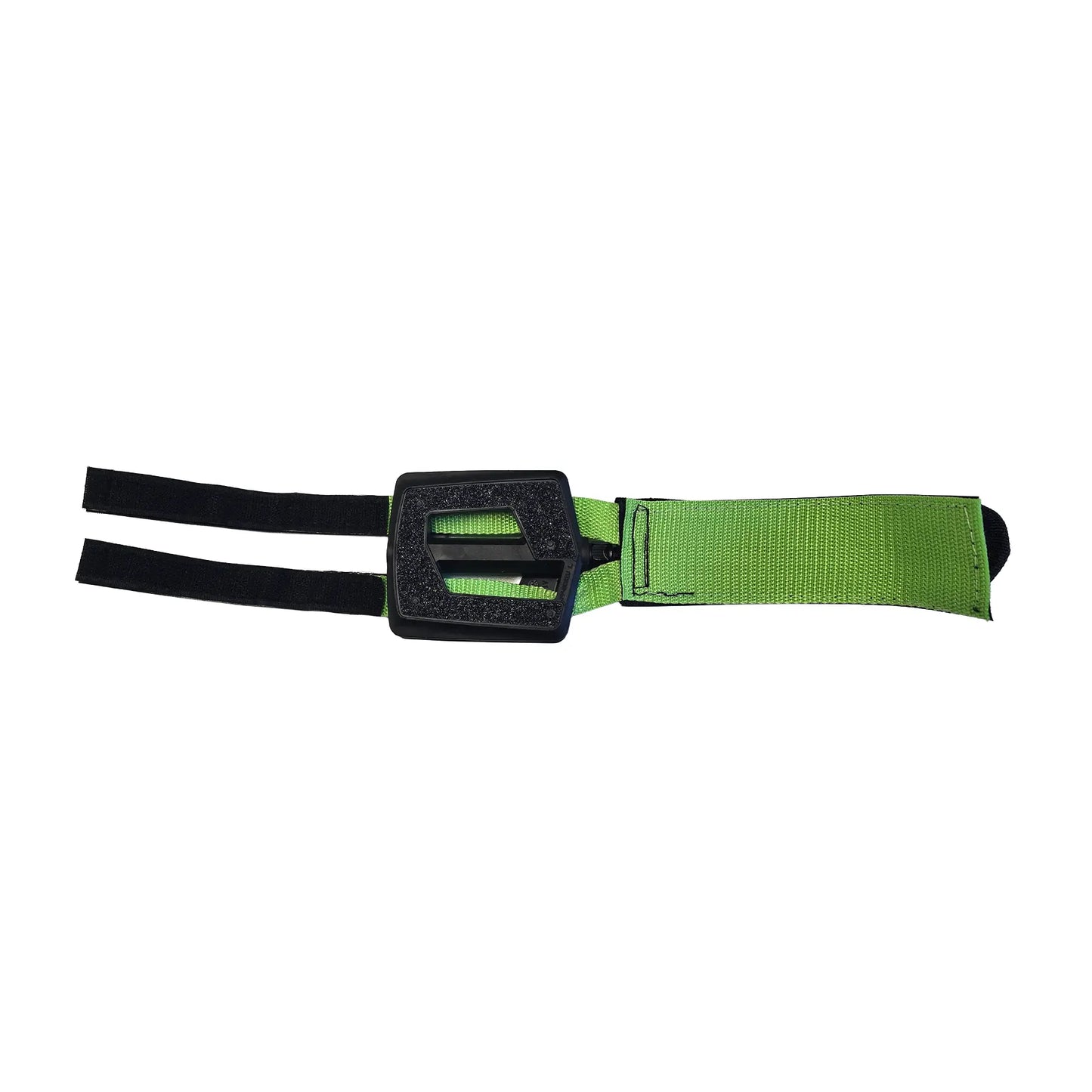 Second view of the open Velcro straps on the Hostel Shoppe Take Off Platform Pedals with Green Velcro Straps against a white background.