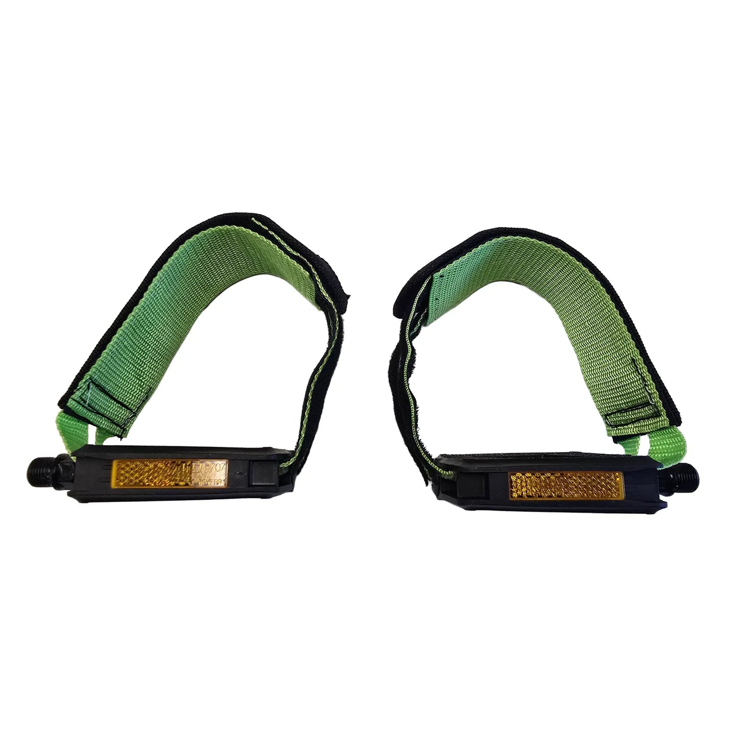 Front view of the Hostel Shoppe Take Off Platform Pedals with Green Velcro Straps against a white background.
