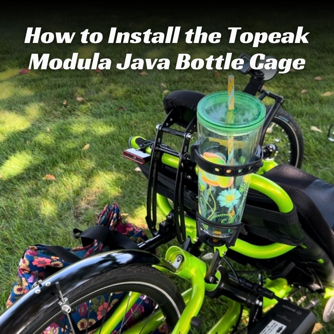 A Topeak Modula Java Bottle Cage is attached to a Catrike's seat back with text overlay about learning how to install the bottle cage.
