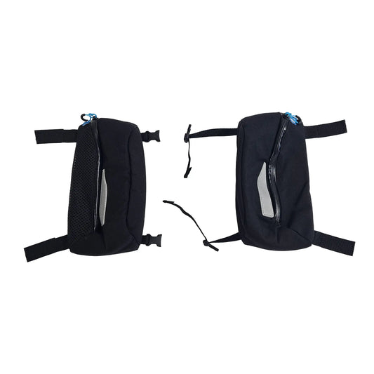 Top view of the HP Velotechnik Add-On Bags for Mesh Seat in black with a reflective stripe against a white background.