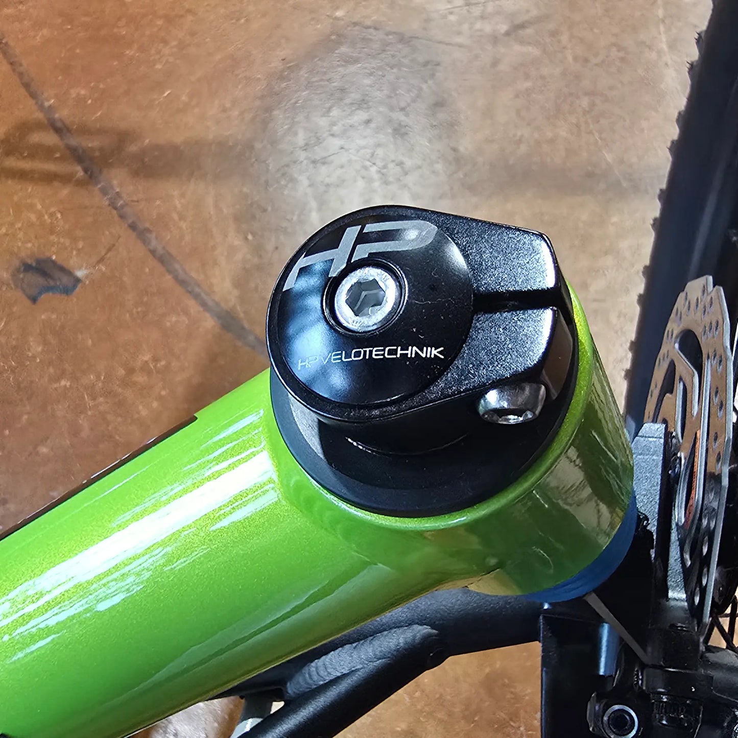 Top view of the HP Velotechnik Ahead Cap mounted on a recumbent trike.