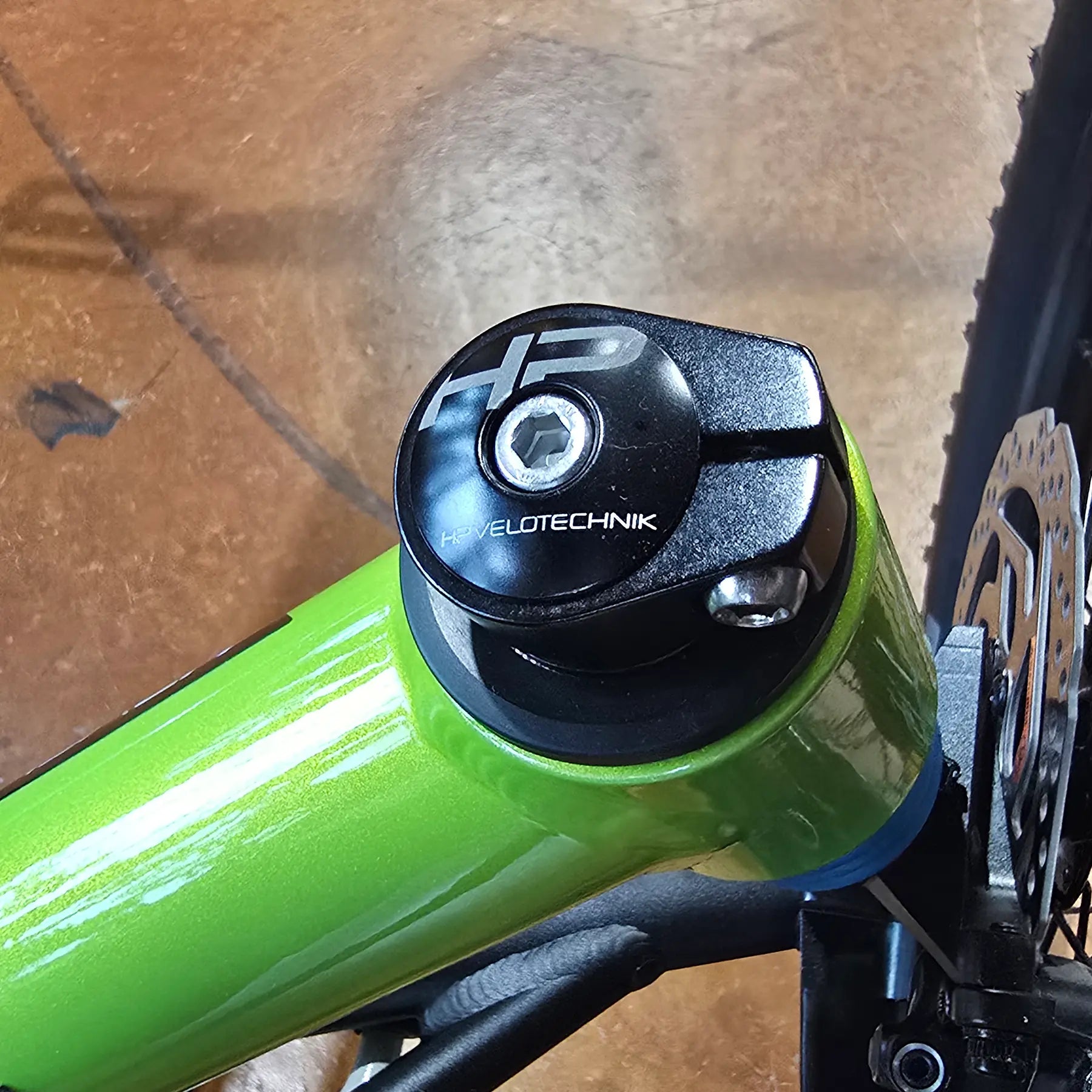 Top view of the HP Velotechnik Ahead Cap mounted on a recumbent trike.