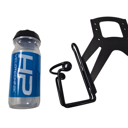 Closeup view of the HP Velotechnik BodyLink Seat Bottle Cage Kit for Speedmachine and All Scorpion Models with a blue and clear water bottles, one black bottle cages and part of a black mounting plate against a white background.