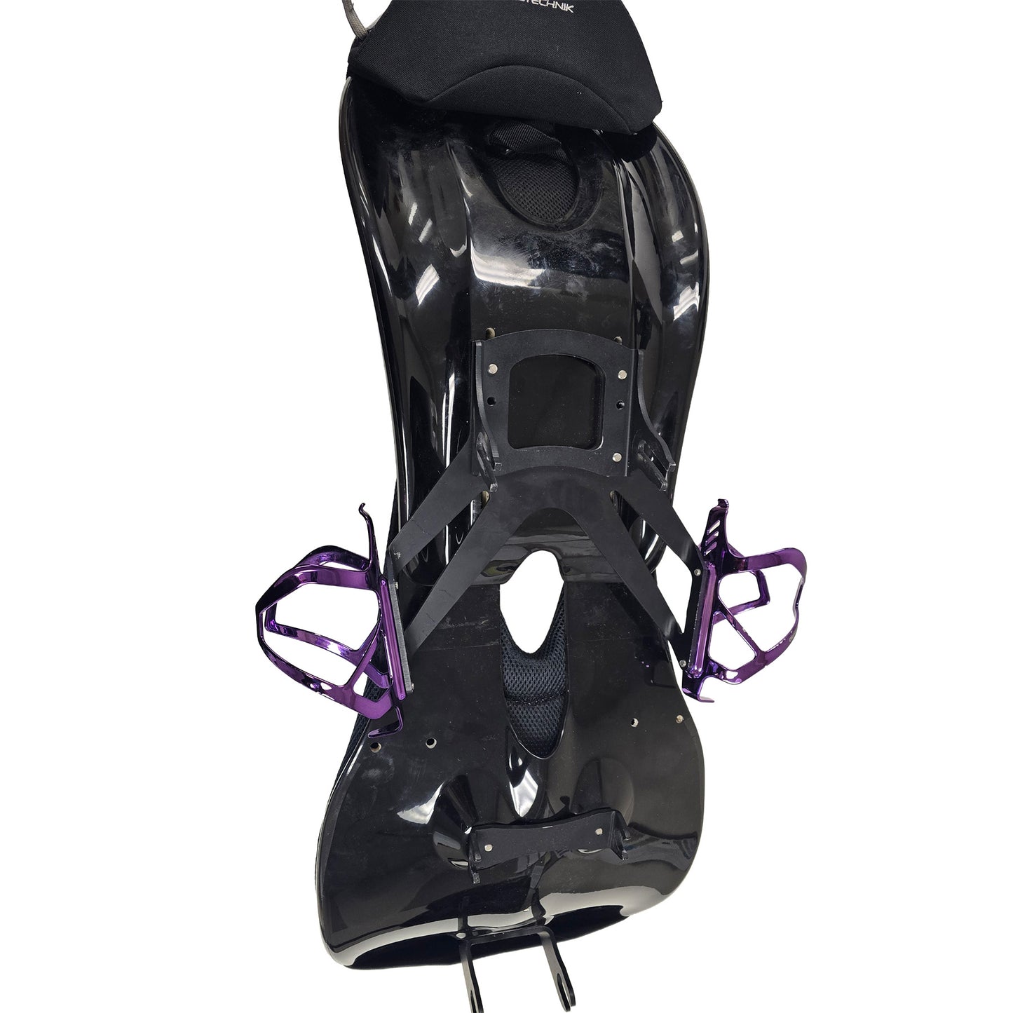The HP Velotechnik BodyLink Seat Bottle Cage Kit for Speedmachine and All Scorpion Models mounted on a BodyLink seat with some off-brand bottle cages.