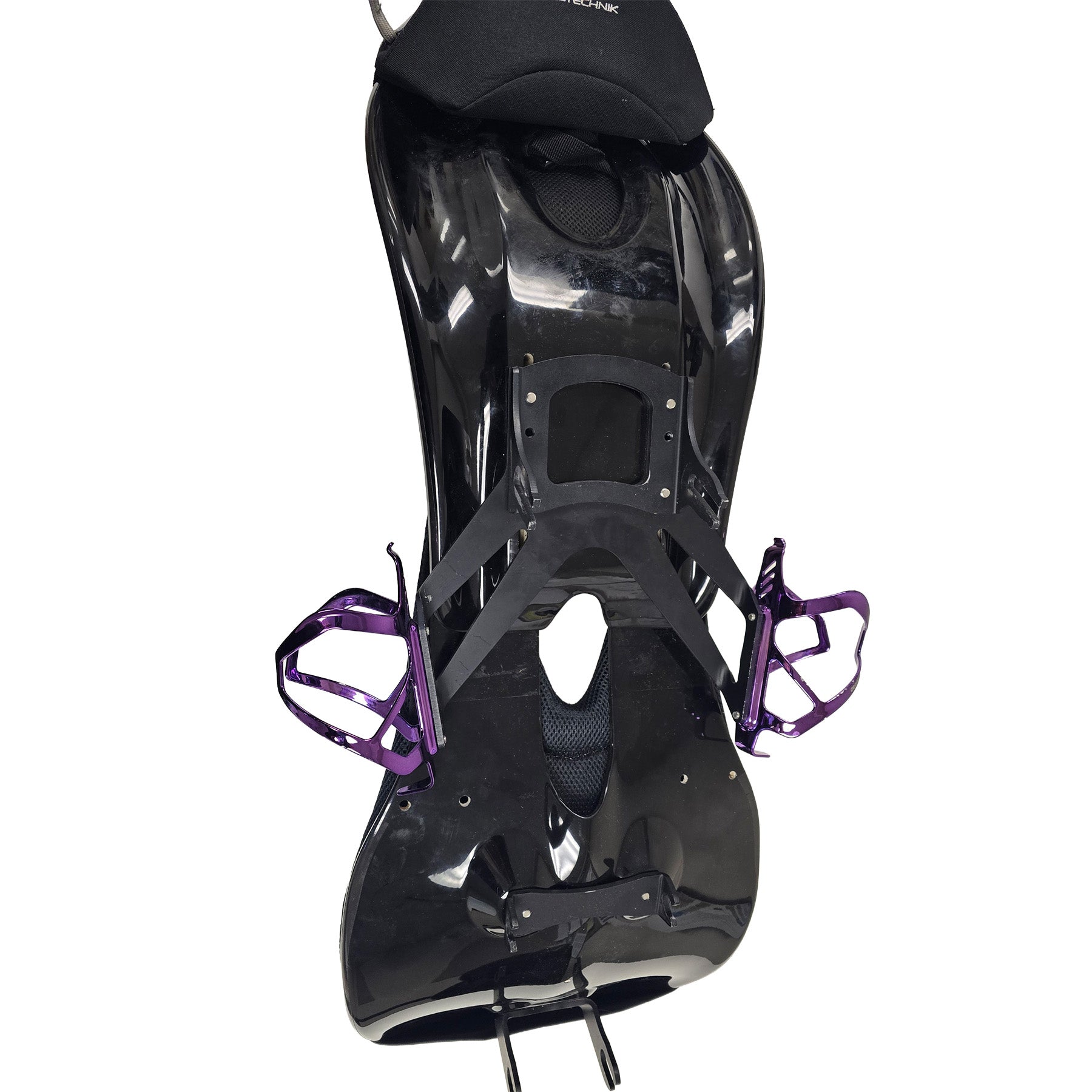 The HP Velotechnik BodyLink Seat Bottle Cage Kit for Speedmachine and All Scorpion Models mounted on a BodyLink seat with some off-brand bottle cages.