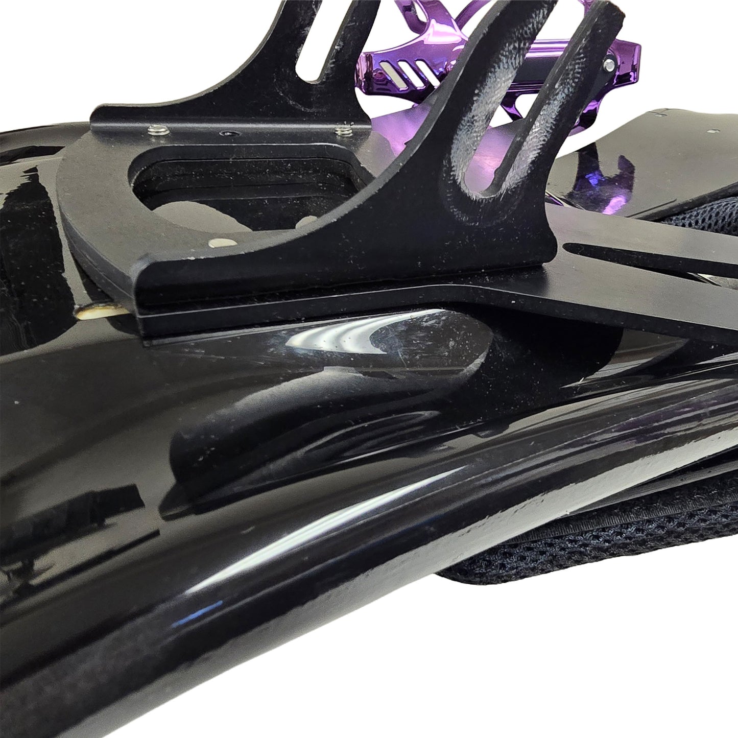 Closeup side view of the HP Velotechnik BodyLink Seat Bottle Cage Kit for Speedmachine and All Scorpion Models mounted on a BodyLink seat with some off-brand bottle cages.