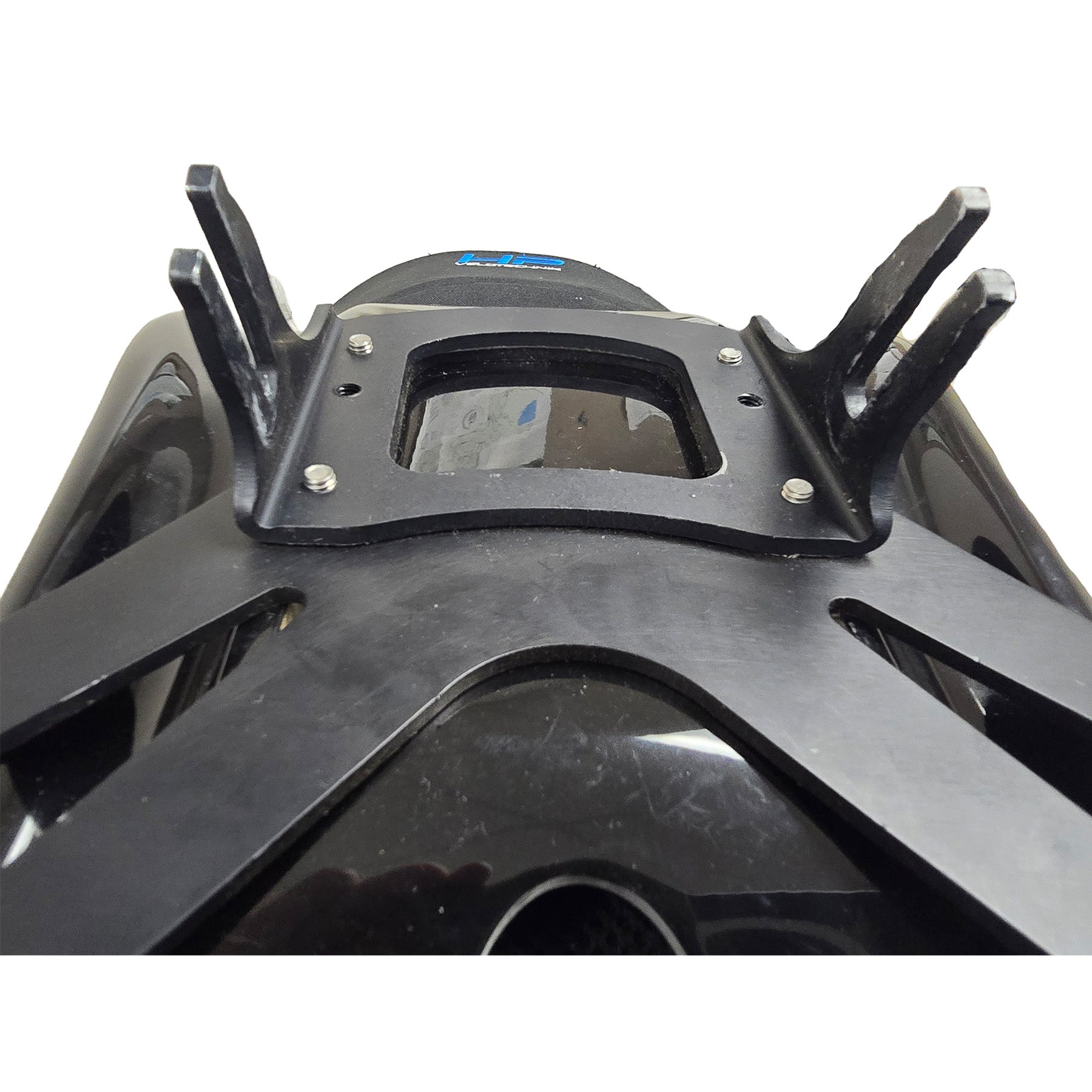 Closeup of the HP Velotechnik BodyLink Seat Bottle Cage Kit for Speedmachine and All Scorpion Models mounted on a BodyLink seat.