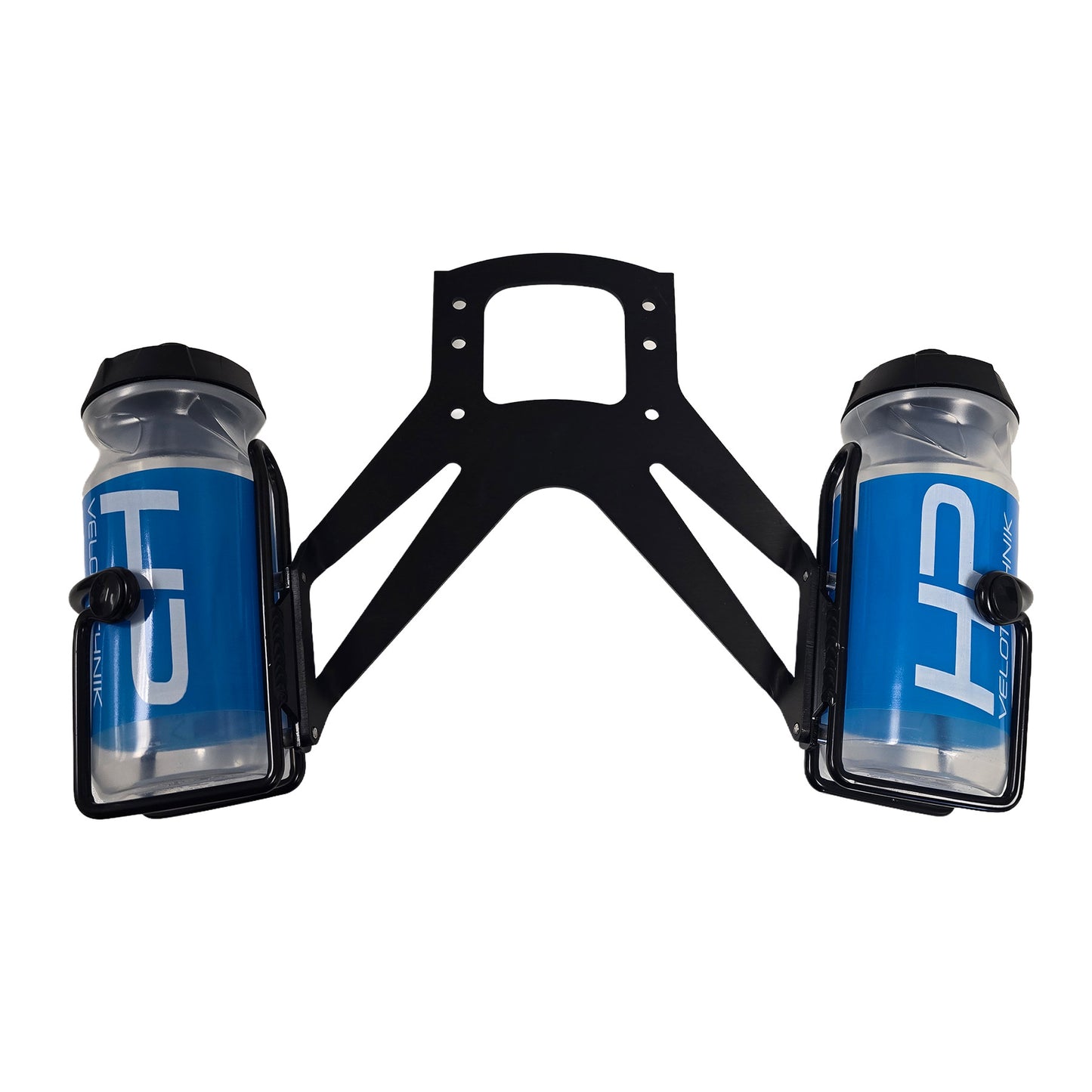 The HP Velotechnik BodyLink Seat Bottle Cage Kit for Speedmachine and All Scorpion Models with two blue and clear water bottles, two black bottle cages and a black mounting plate against a white background.