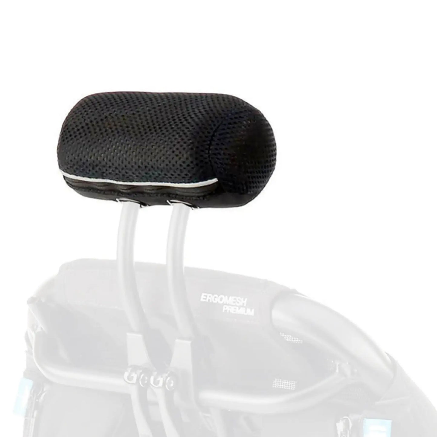 View of the HP Velotechnik Cushion for ErgoMesh Seat Headrest in black  Mounted on a greyed out headrest against a white background.