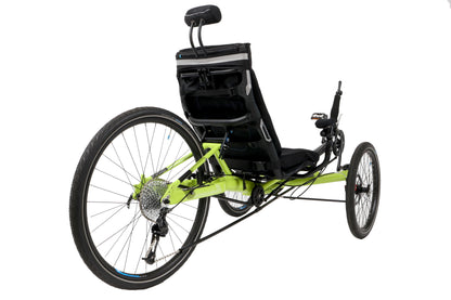 Rear angled view of the HP Velotechnik Gekko 26 Comfort Recumbent Trike in Lime Green against a white background.