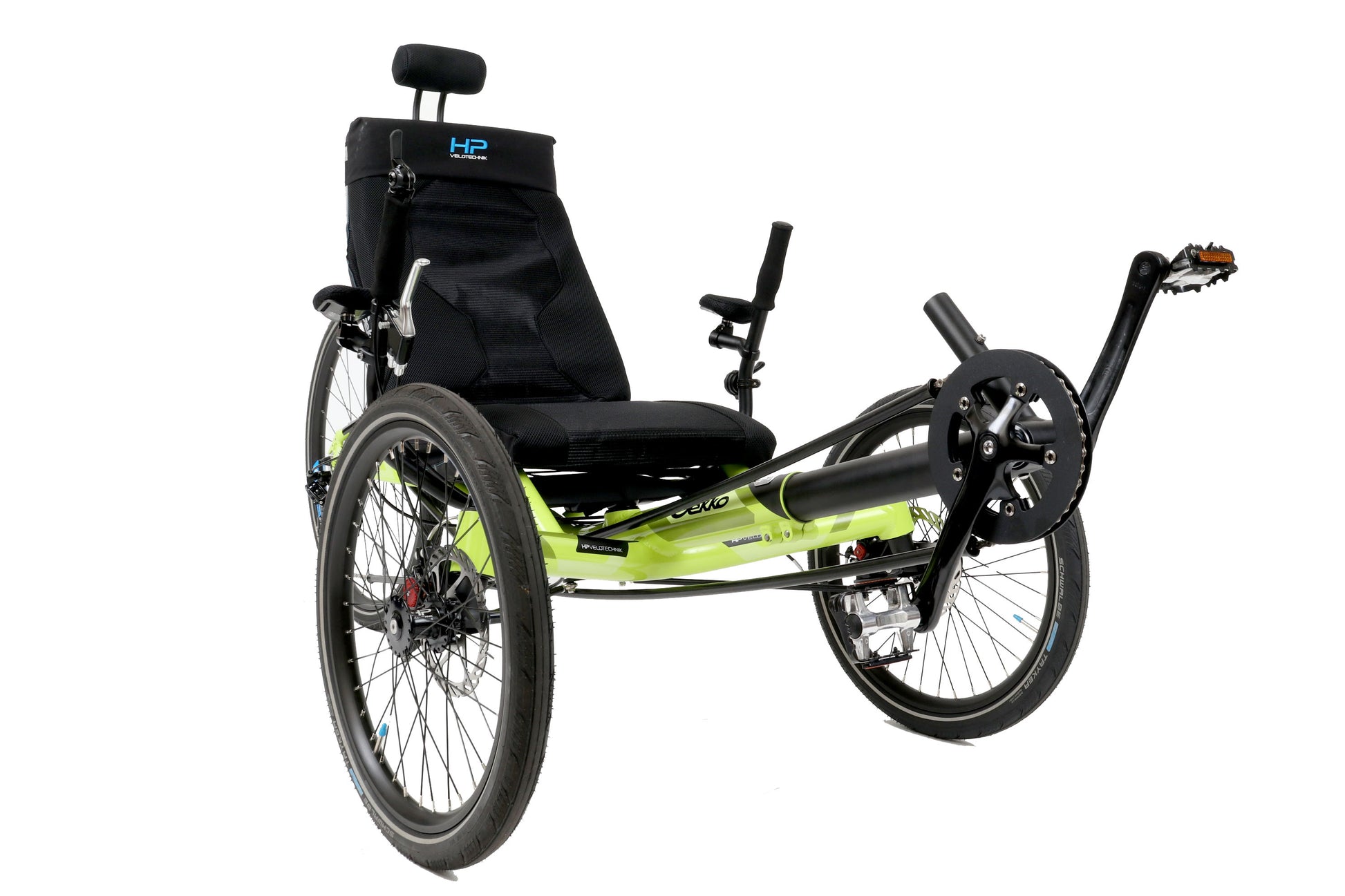 Front angled view of the HP Velotechnik Gekko 26 Comfort Recumbent Trike in Lime Green against a white background.