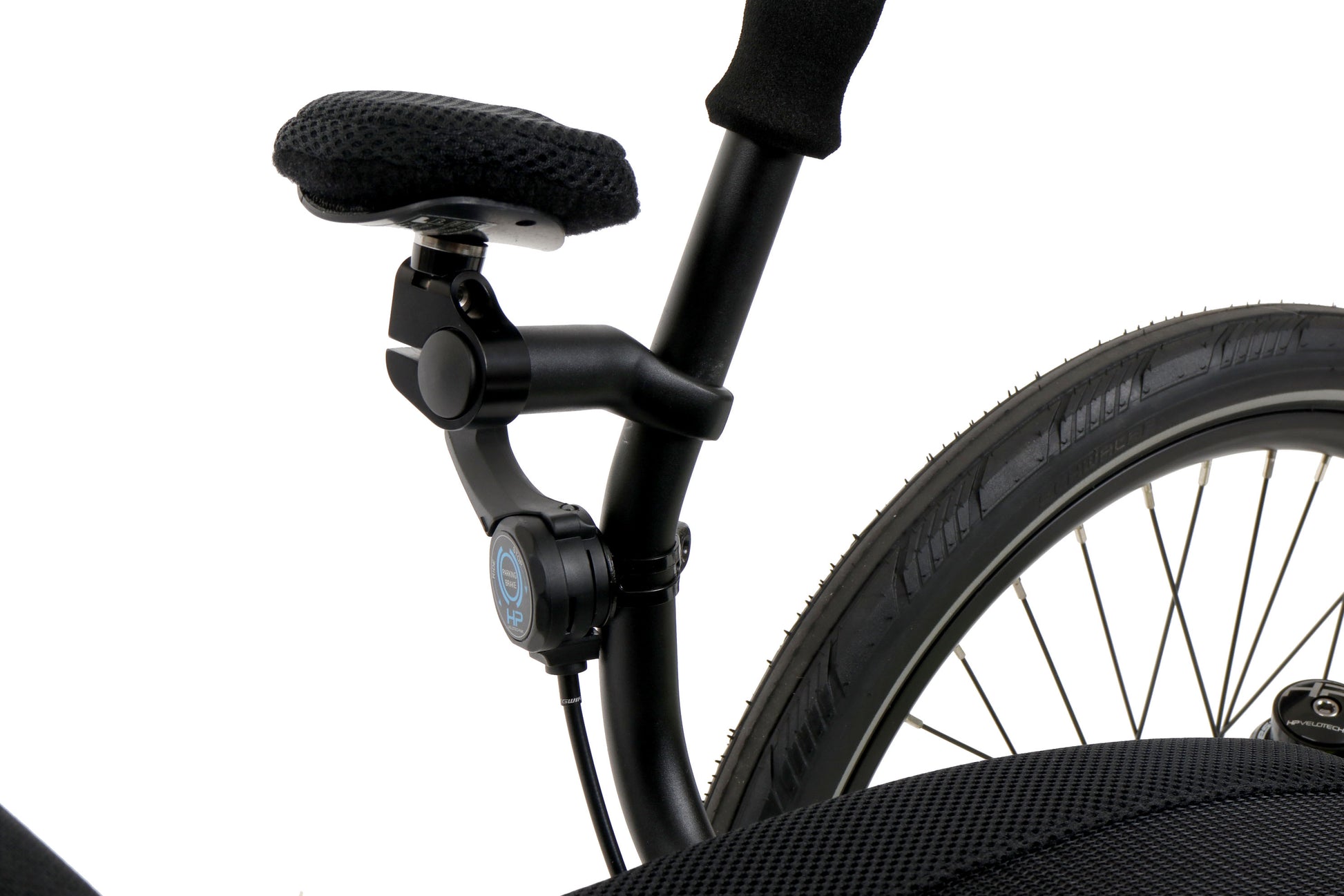 Closeup view of the hand rest and parking brake on the HP Velotechnik Gekko 26 Comfort Recumbent Trike in Lime Green against a white background.