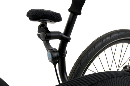 Closeup view of the hand rest and parking brake on the HP Velotechnik Gekko 26 Comfort Recumbent Trike in Lime Green against a white background.