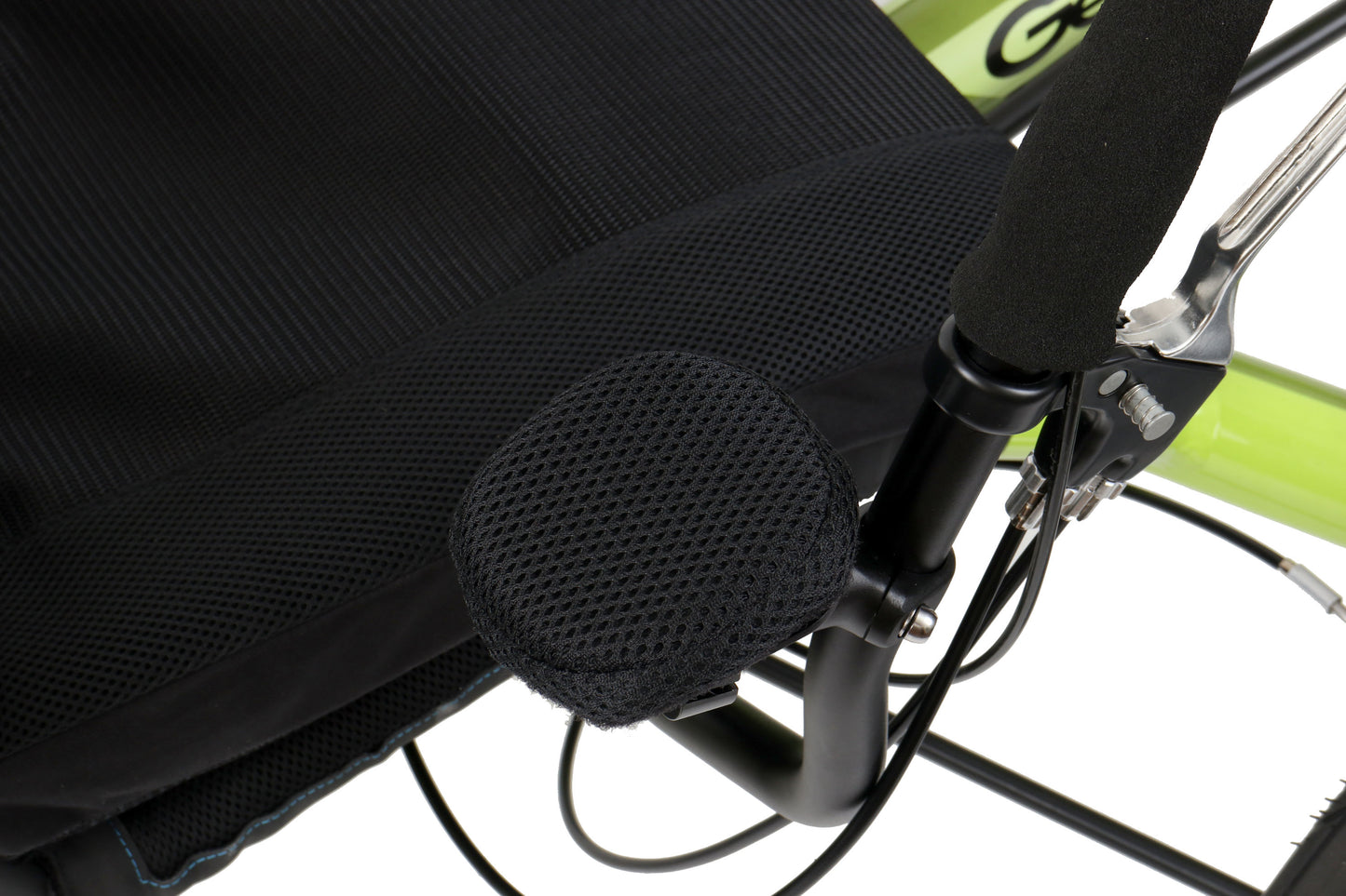 Closeup view of the hand rest and dual brake lever on the HP Velotechnik Gekko 26 Comfort Recumbent Trike in Lime Green against a white background.