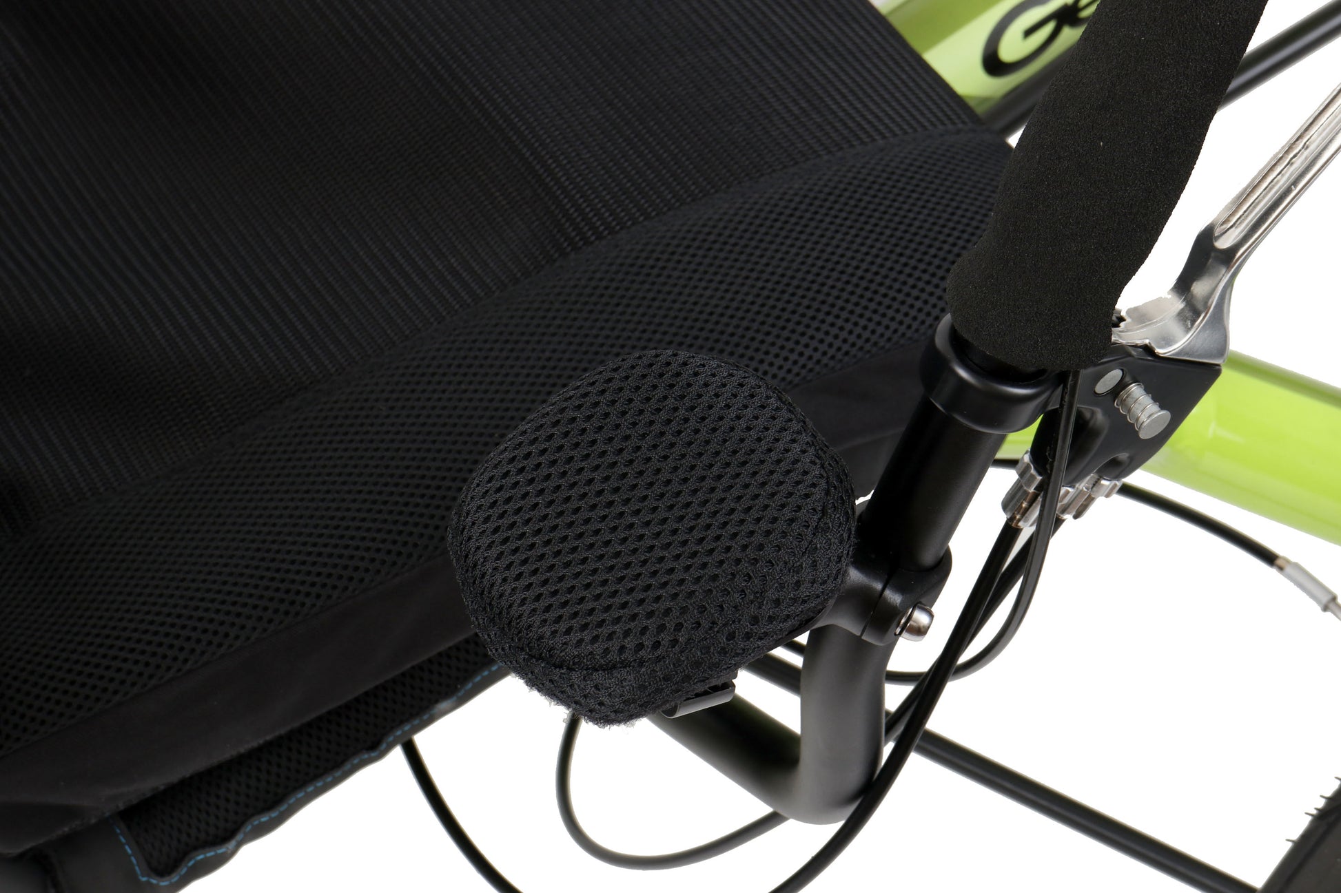 Closeup view of the hand rest and dual brake lever on the HP Velotechnik Gekko 26 Comfort Recumbent Trike in Lime Green against a white background.