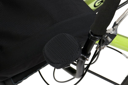 Closeup view of the hand rest and dual brake lever on the HP Velotechnik Gekko 26 Comfort Recumbent Trike in Lime Green against a white background.