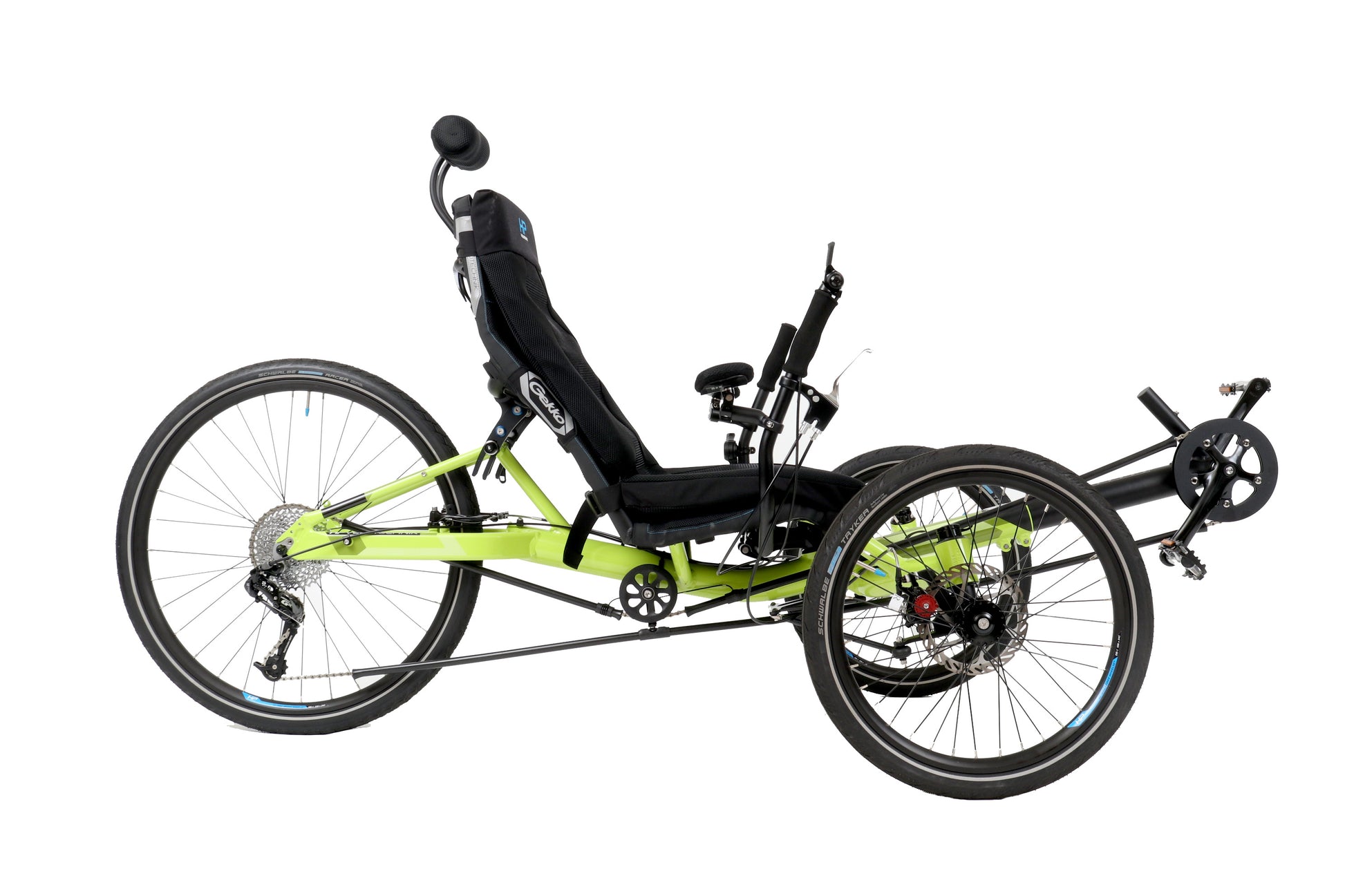 Side view of the HP Velotechnik Gekko 26 Comfort Recumbent Trike in Lime Green against a white background.