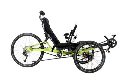 Side view of the HP Velotechnik Gekko 26 Comfort Recumbent Trike in Lime Green against a white background.