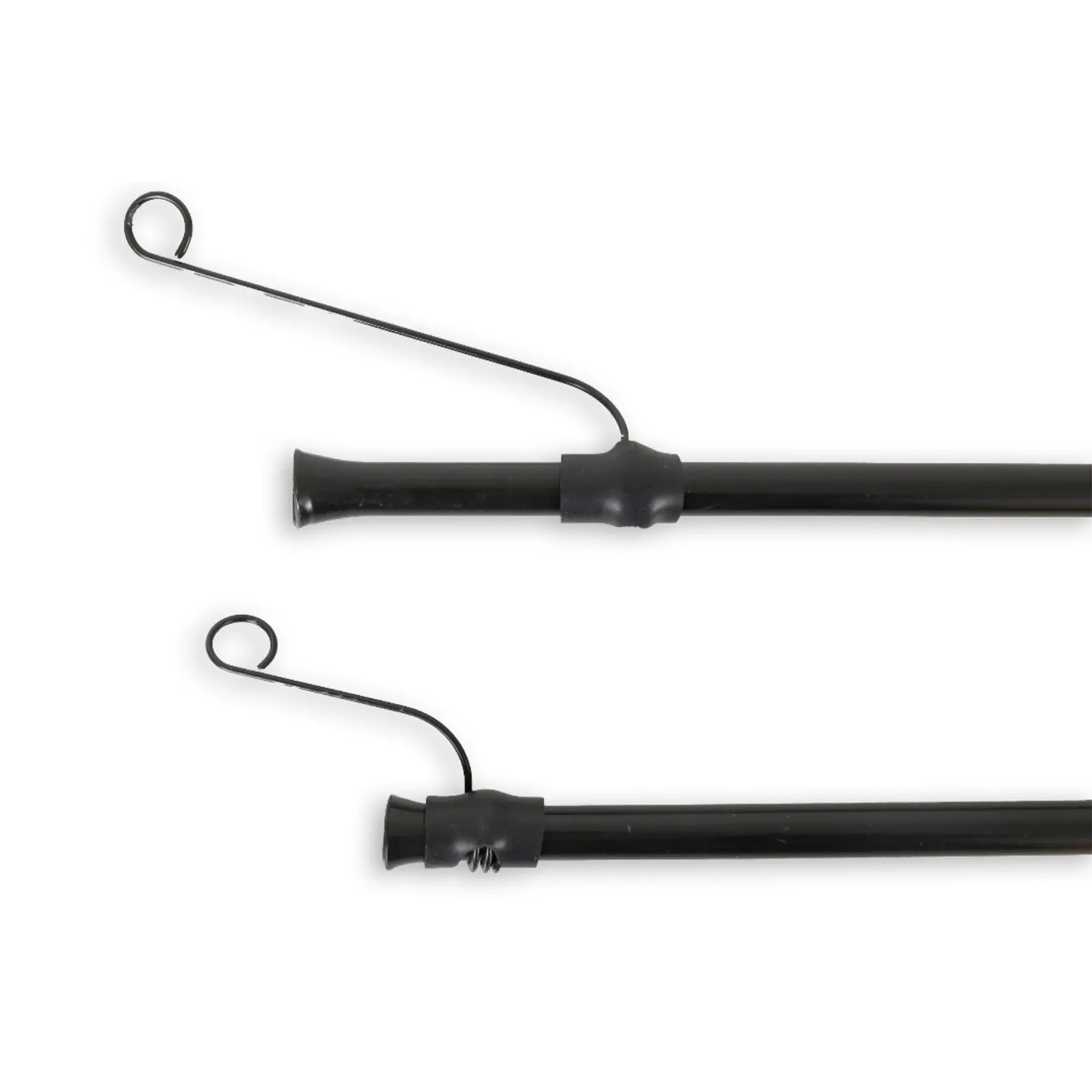Closeup view of the black HP Velotechnik Gekko 26 Upper Chain Tube set with attached spring clips against a white background.