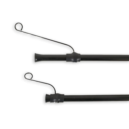 Closeup view of the black HP Velotechnik Gekko 26 Upper Chain Tube set with attached spring clips against a white background.